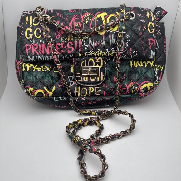 Alba Cross Body Black Graffiti 3 Compartment Handbag - Picture 1 of 5